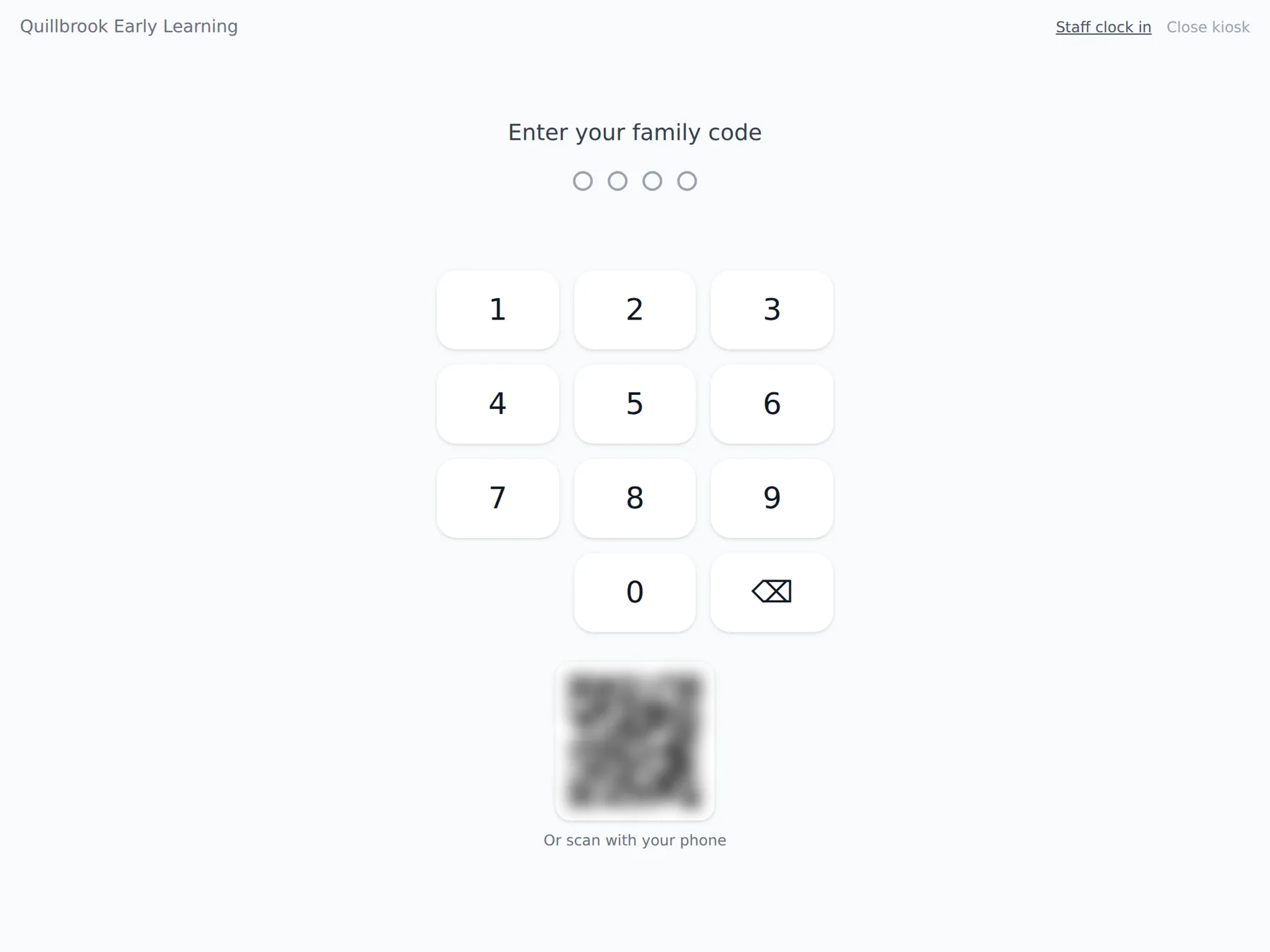 The check-in tablet: Enter your family code above a number pad, and a QR code (blurred here) marked Or scan with your phone.