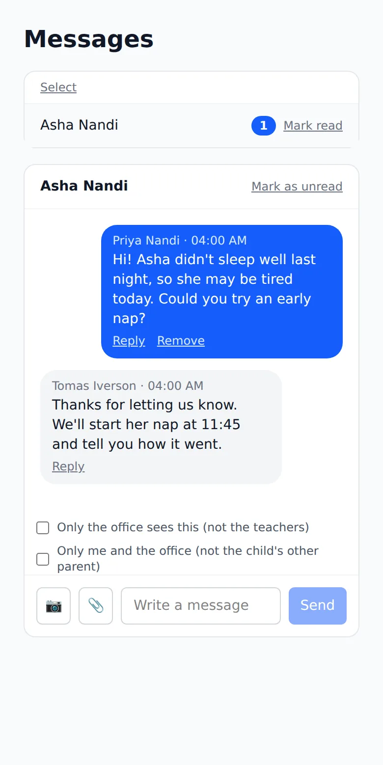 A family's conversation about their child on a phone: their note about a poor night's sleep and the teacher's reply about an early nap.
